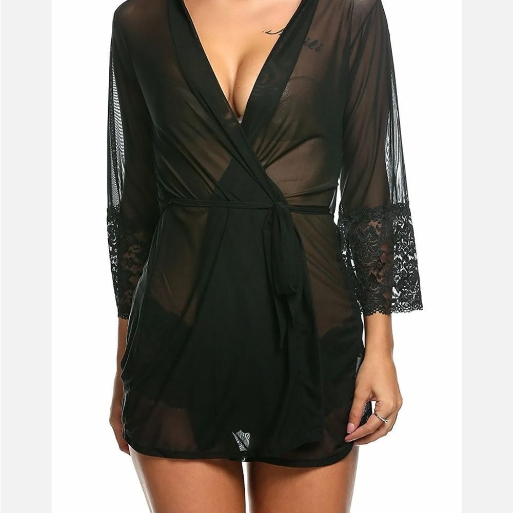 Sexy Women Lace Robe Kimono Mesh Babydoll Lingerie Nightgown Sleepwear Set US